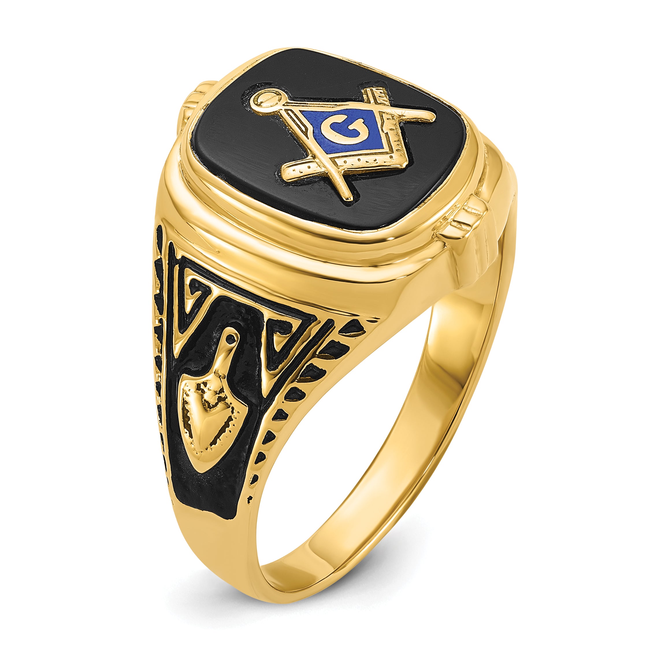 10k Men's Polished, Antiqued and Textured with Onyx Masonic Ring