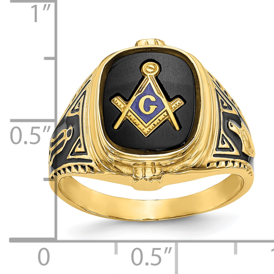 10k Men's Polished, Antiqued and Textured with Onyx Masonic Ring