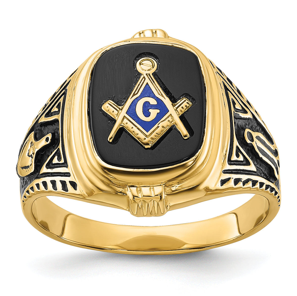 10k Men's Polished, Antiqued and Textured with Onyx Masonic Ring