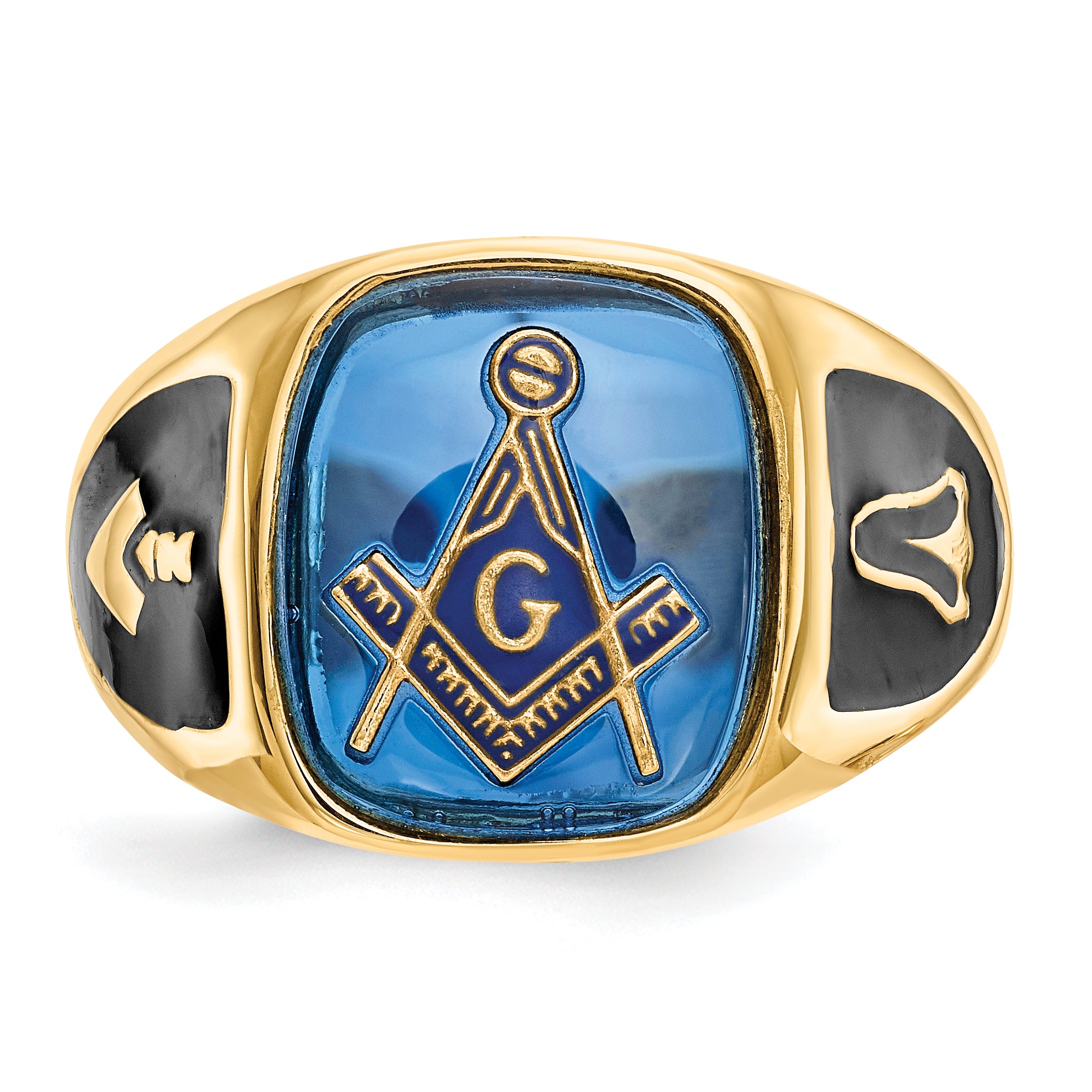 10k Men's Polished, Antiqued and Textured with Imitation Blue Spinel Masonic Ring