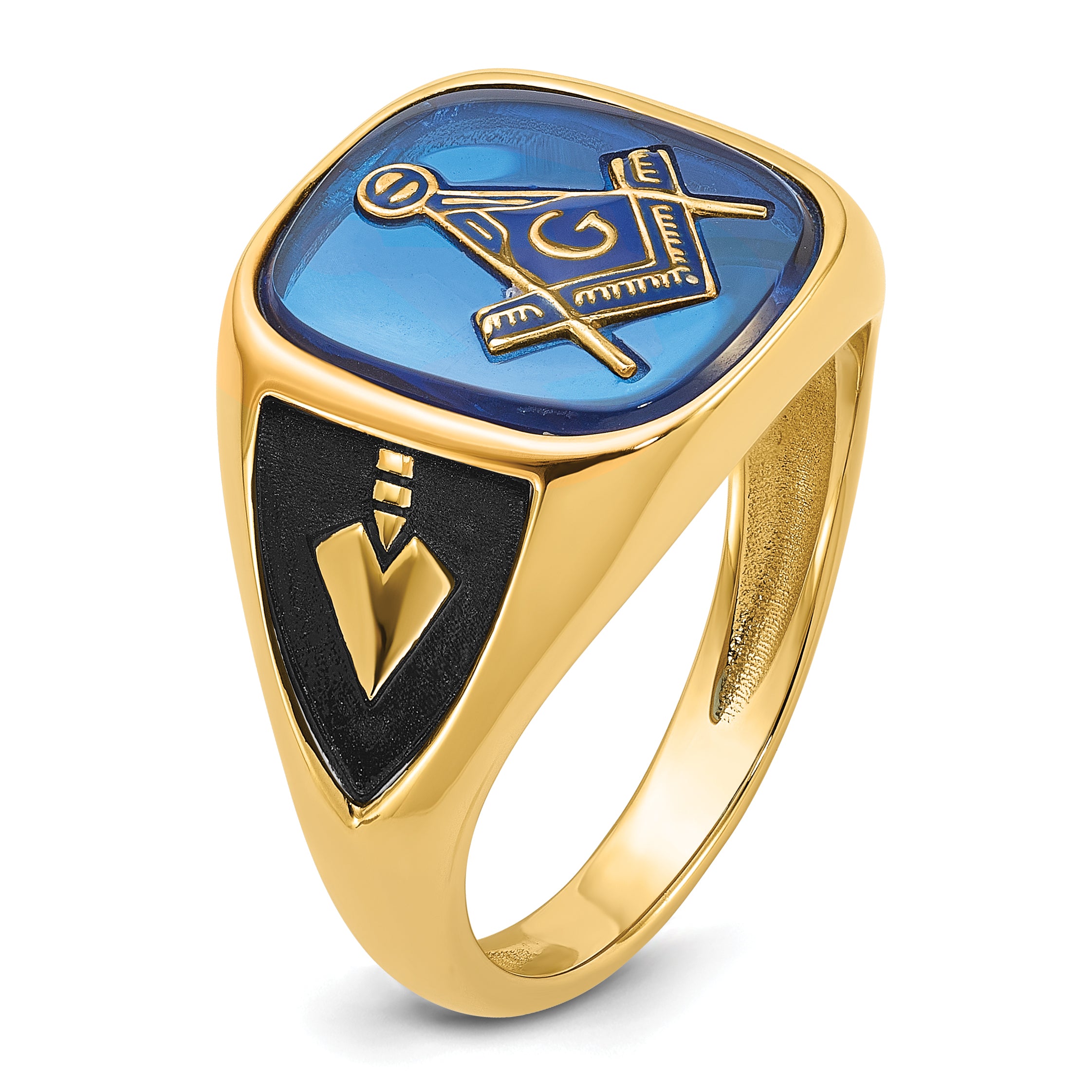 10k Men's Polished, Antiqued and Textured with Imitation Blue Spinel Masonic Ring