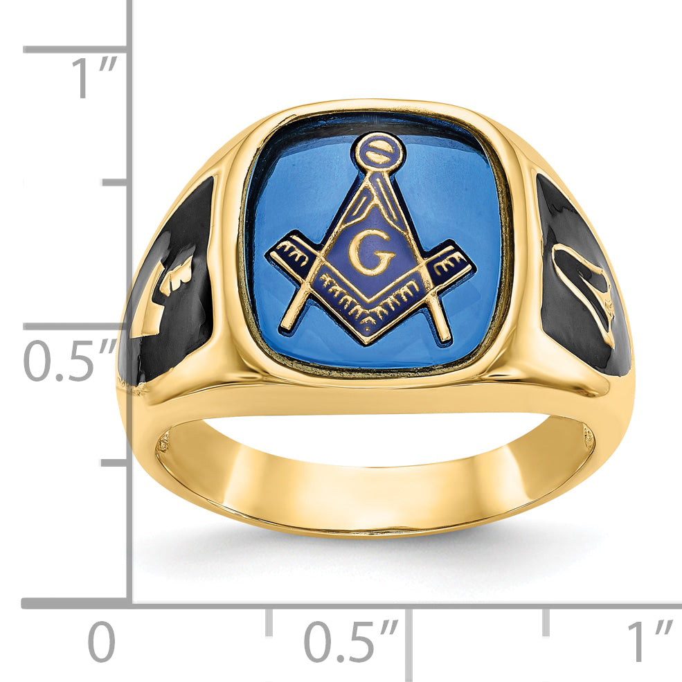 10k Men's Polished, Antiqued and Textured with Imitation Blue Spinel Masonic Ring