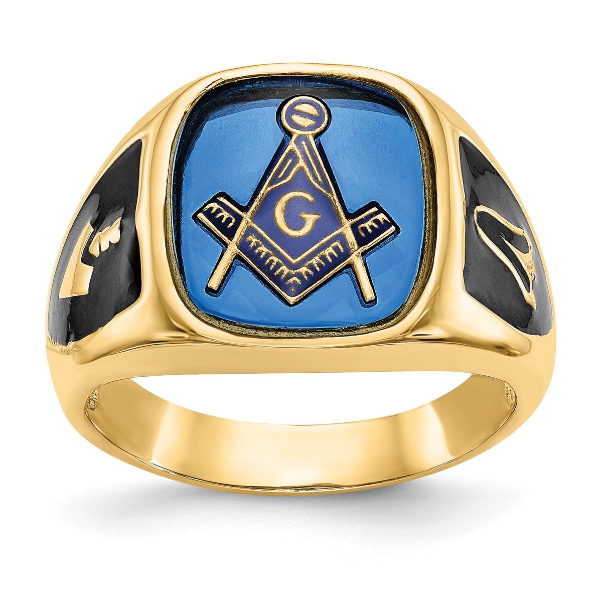 10k Men's Polished, Antiqued and Textured with Imitation Blue Spinel Masonic Ring