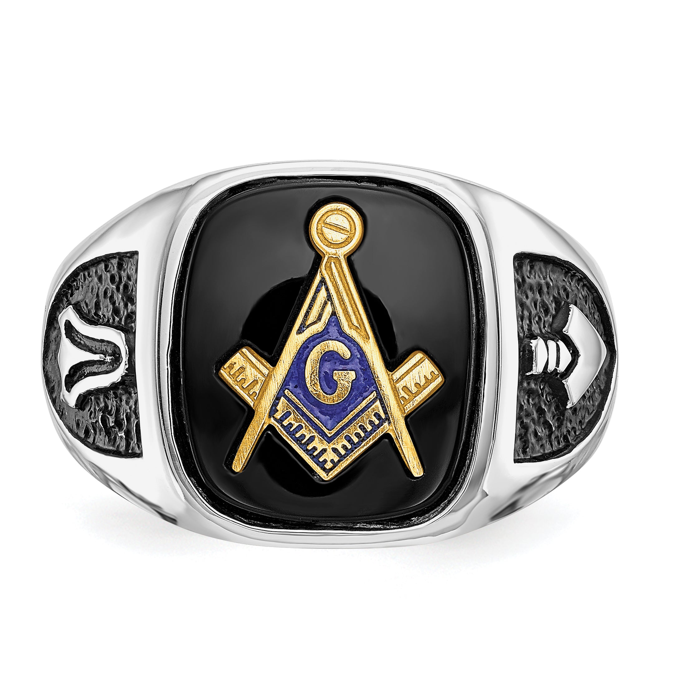 10k White Gold and Gold-plated Polished and Textured with Black Enamel and Onyx Masonic Ring