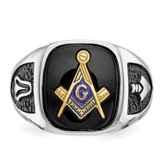 10k White Gold and Gold-plated Polished and Textured with Black Enamel and Onyx Masonic Ring