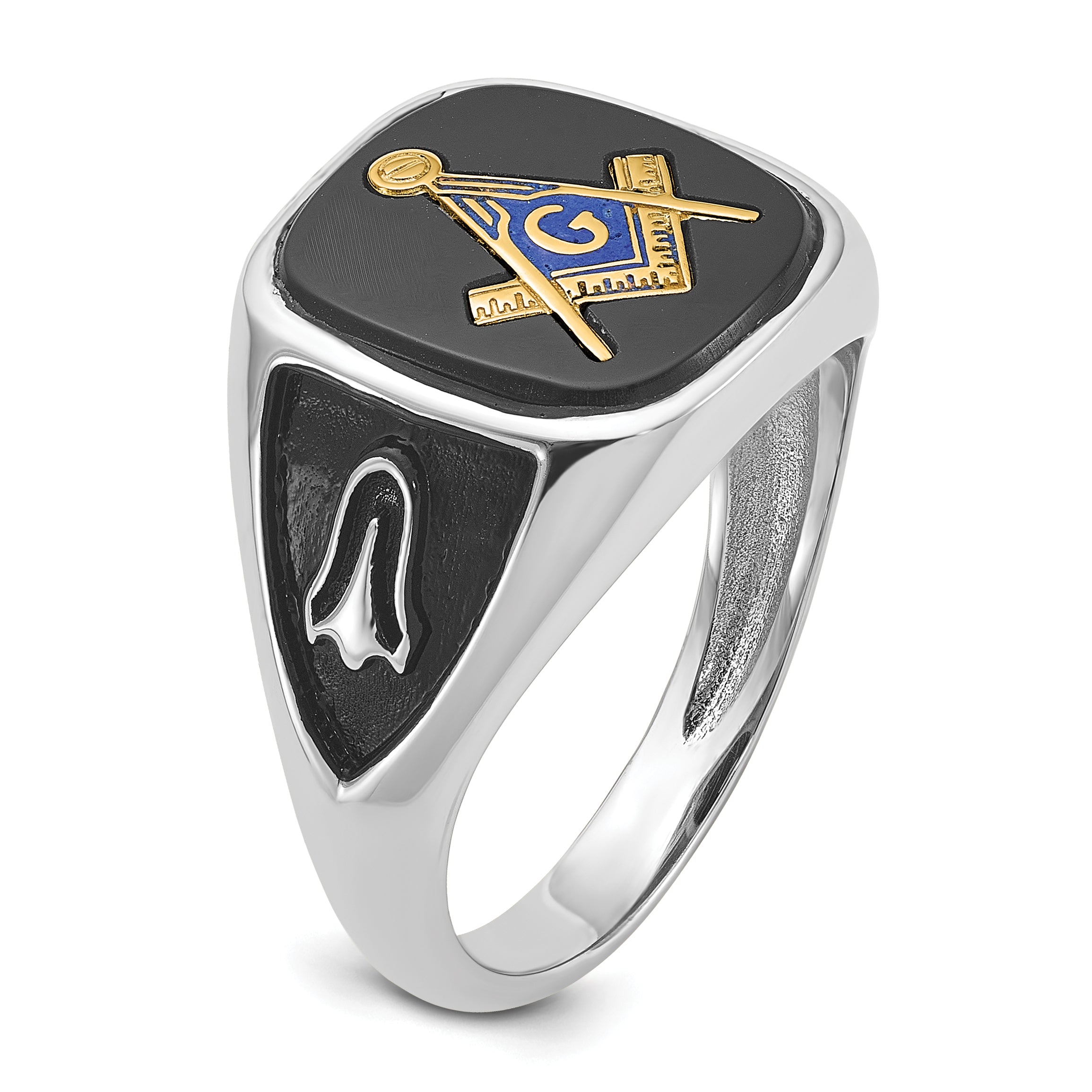 10k White Gold and Gold-plated Polished and Textured with Black Enamel and Onyx Masonic Ring