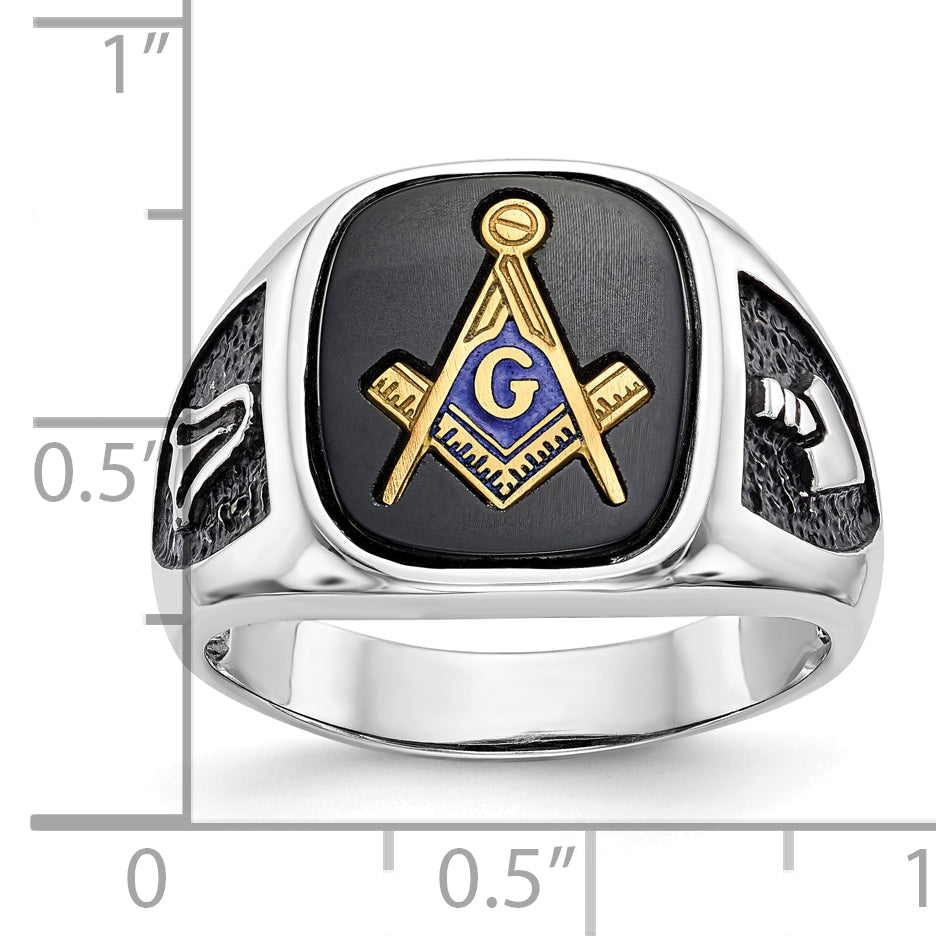 10k White Gold and Gold-plated Polished and Textured with Black Enamel and Onyx Masonic Ring