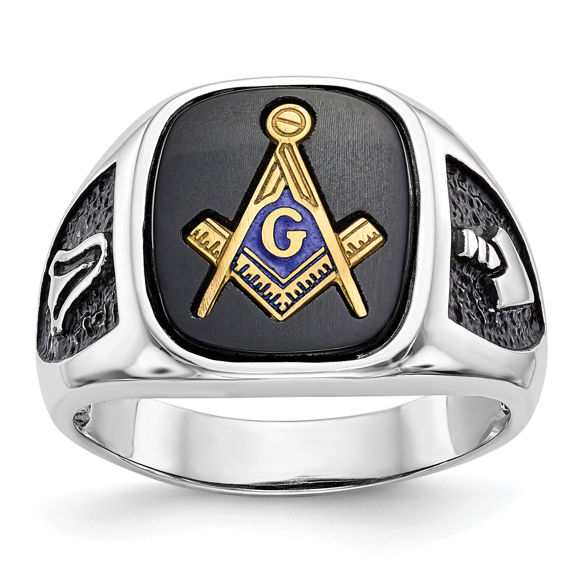 10k White Gold and Gold-plated Polished and Textured with Black Enamel and Onyx Masonic Ring