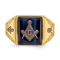 10k Men's Polished, Antiqued and Textured with Imitation Blue Spinel Masonic Ring