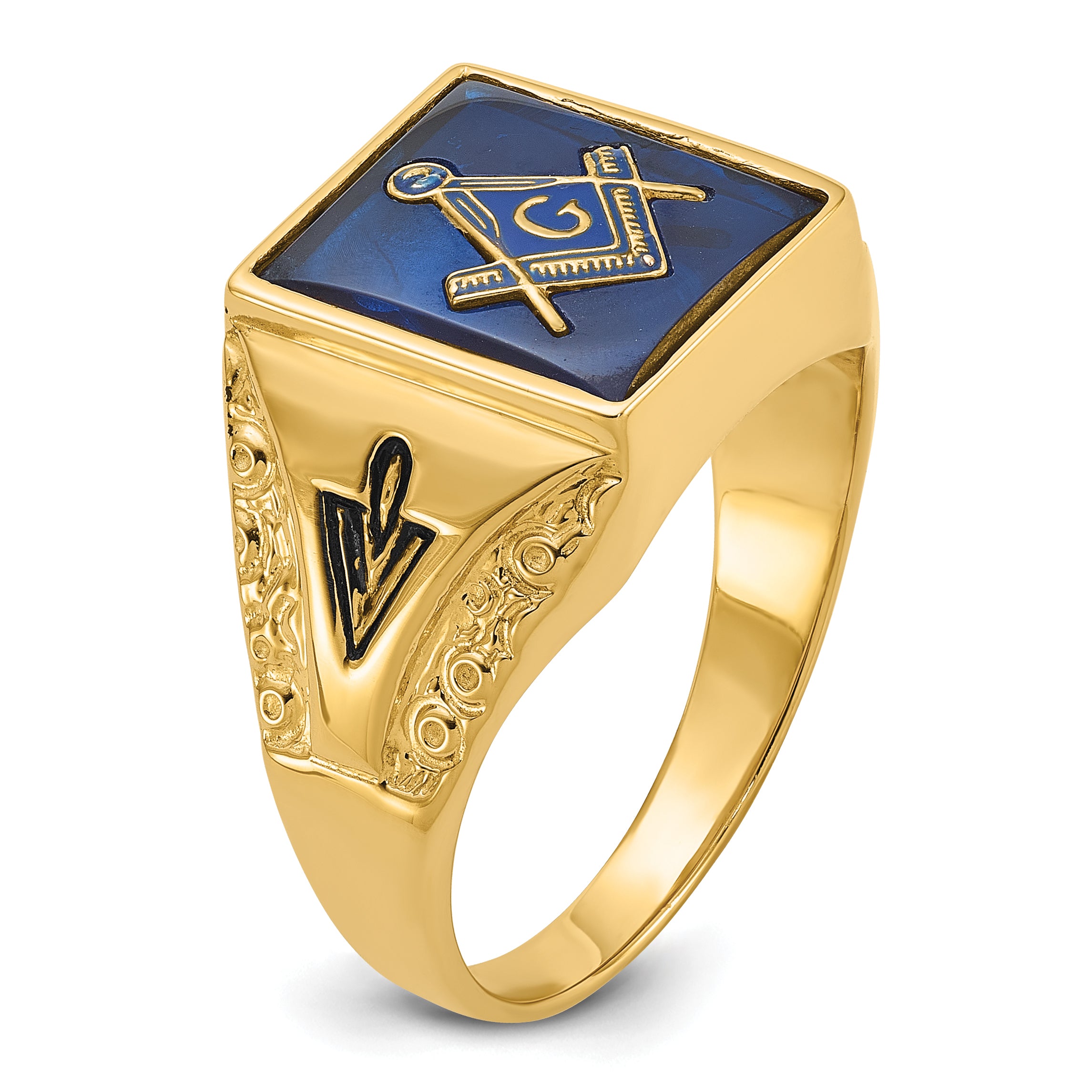 10k Men's Polished, Antiqued and Textured with Imitation Blue Spinel Masonic Ring