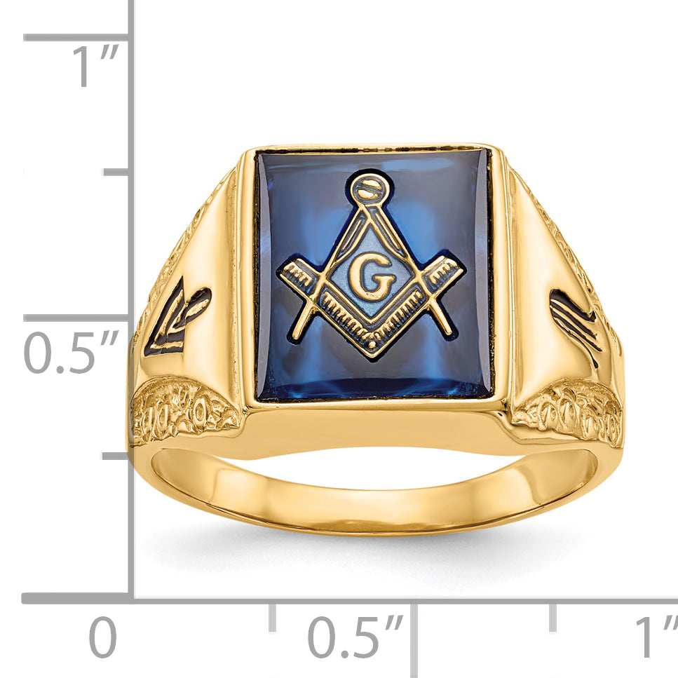 10k Men's Polished, Antiqued and Textured with Imitation Blue Spinel Masonic Ring