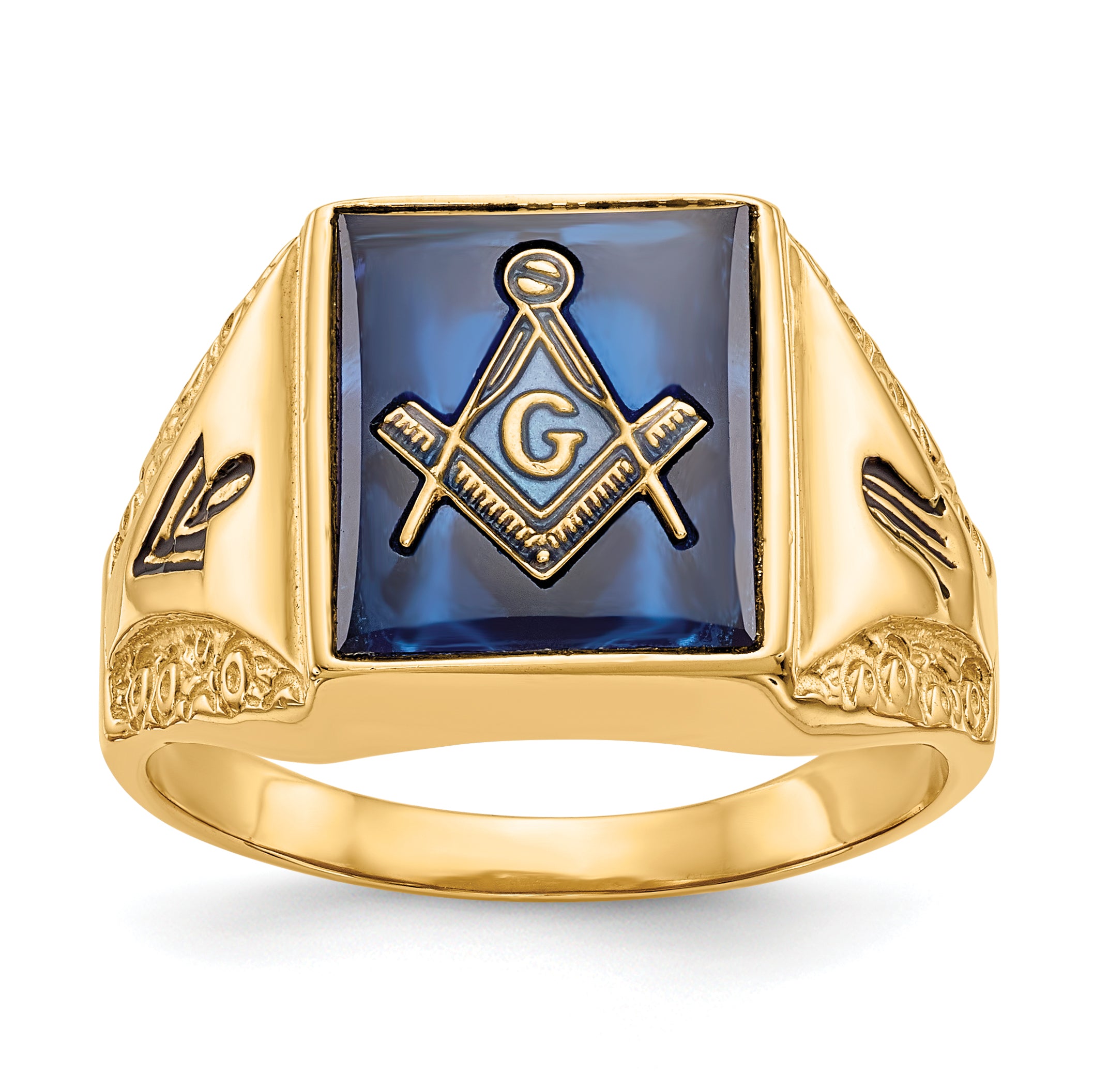 10k Men's Polished, Antiqued and Textured with Imitation Blue Spinel Masonic Ring