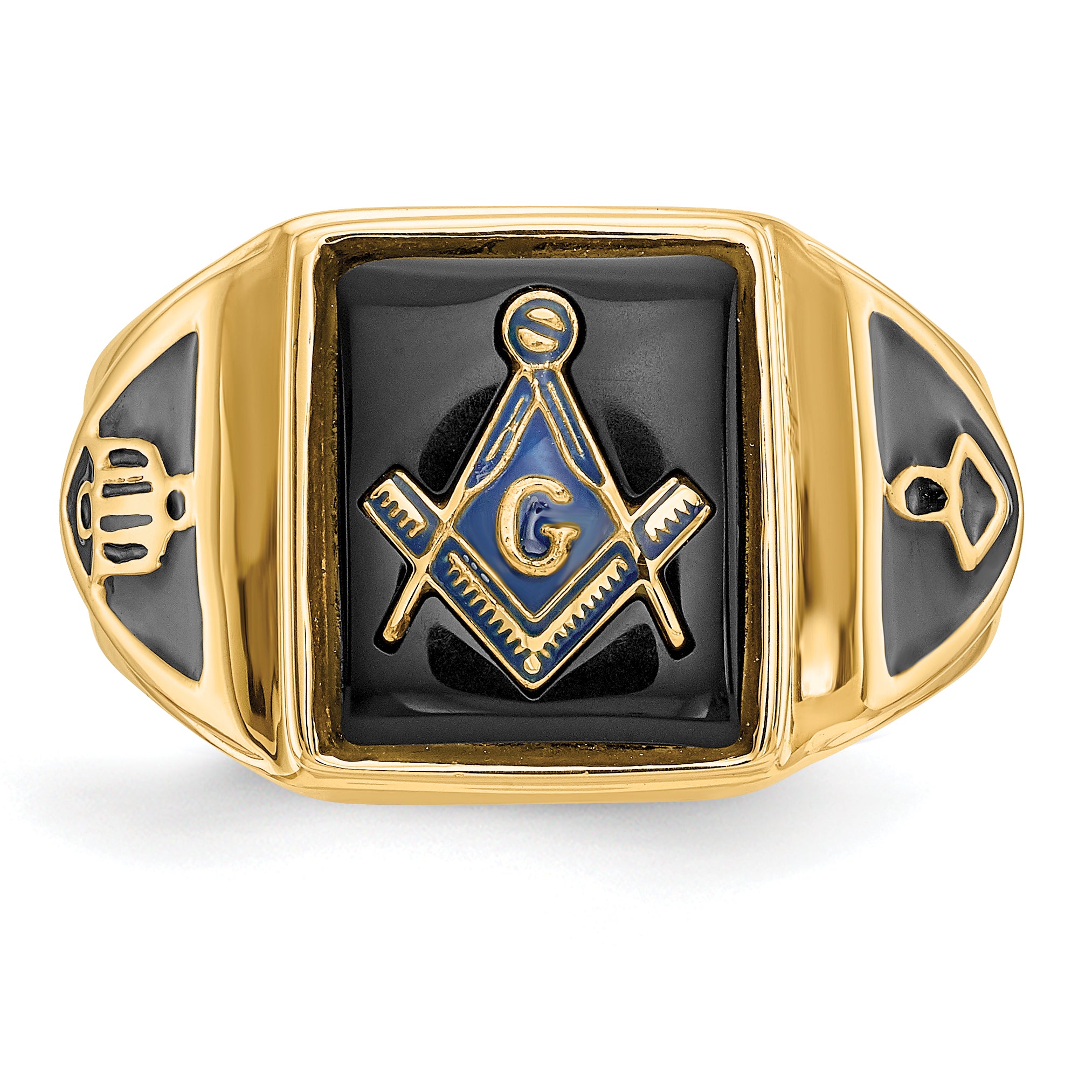 10k Men's Polished, Antiqued & Textured Onyx Masonic Ring