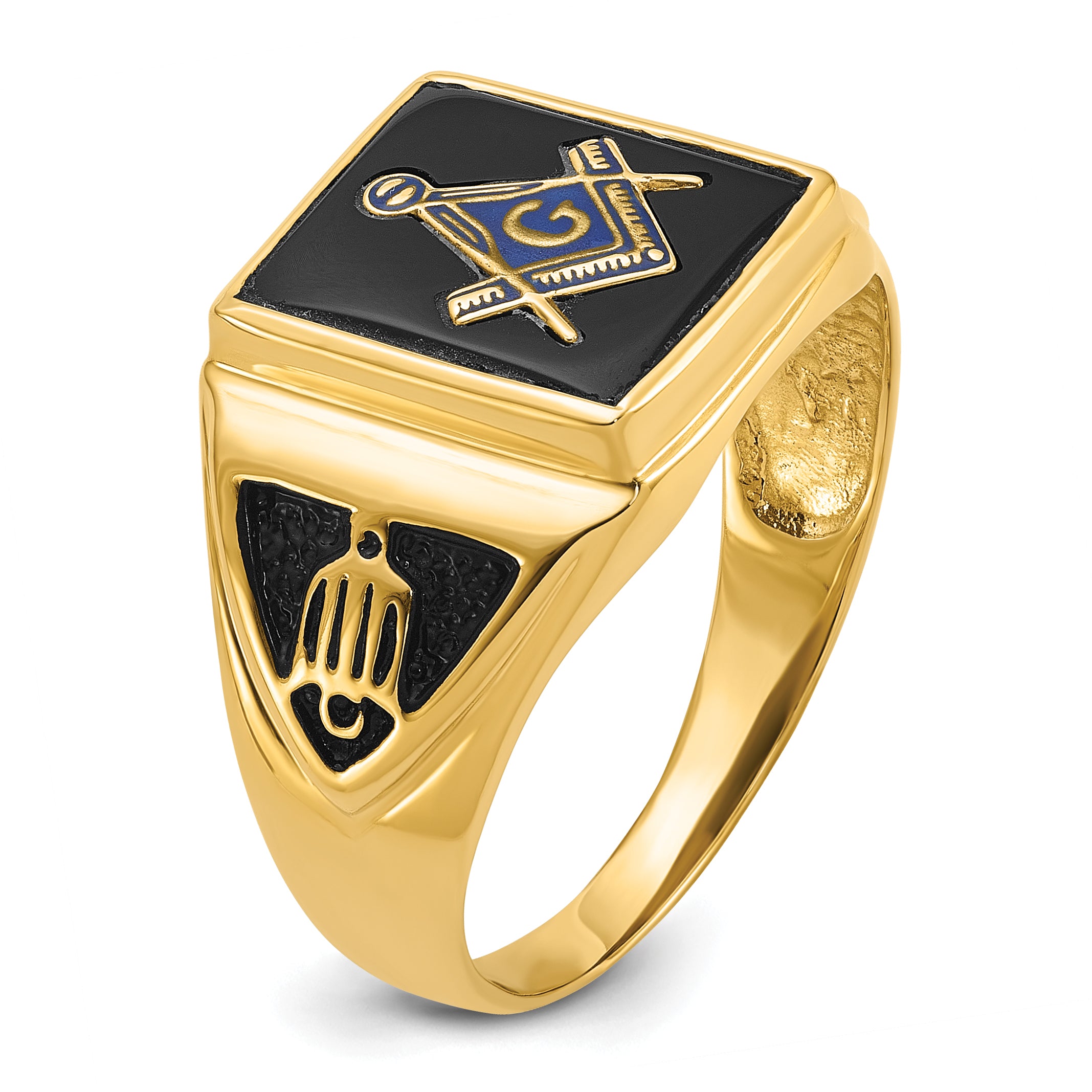 10k Men's Polished, Antiqued & Textured Onyx Masonic Ring