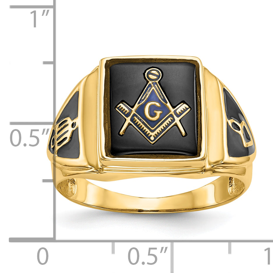 10k Men's Polished, Antiqued & Textured Onyx Masonic Ring