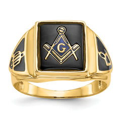 10k Men's Polished, Antiqued & Textured Onyx Masonic Ring