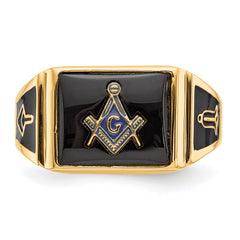 10k Men's Polished and Textured with Black Enamel and Onyx Masonic Ring