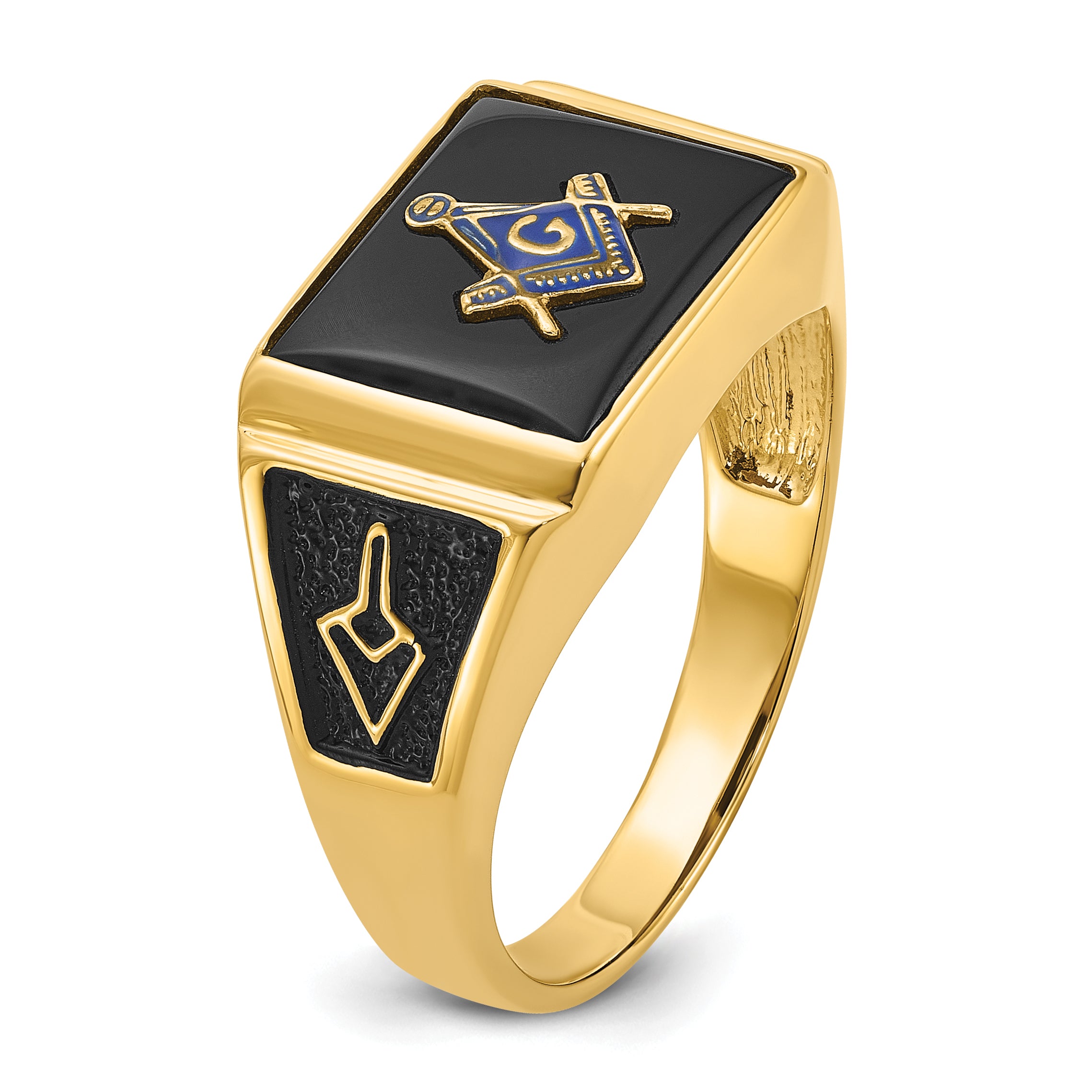 10k Men's Polished and Textured with Black Enamel and Onyx Masonic Ring