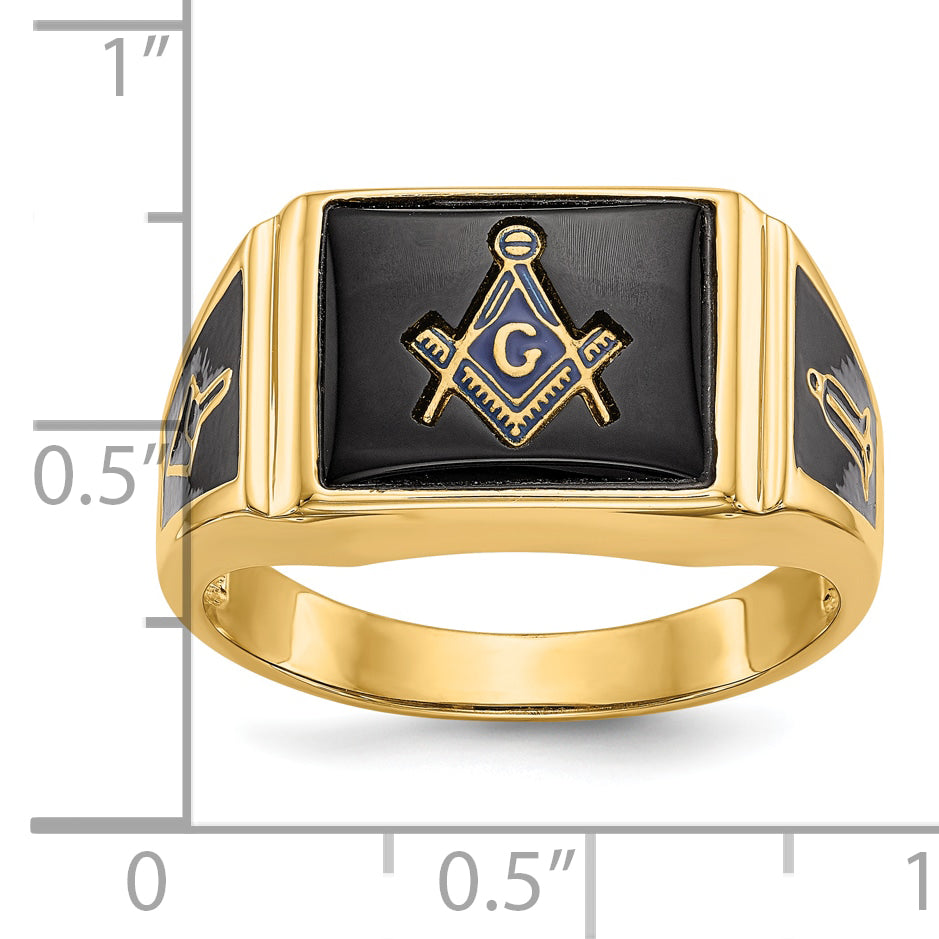 10k Men's Polished and Textured with Black Enamel and Onyx Masonic Ring