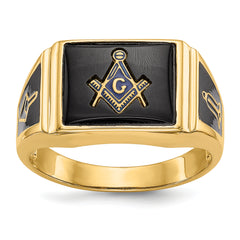 10k Men's Polished and Textured with Black Enamel and Onyx Masonic Ring