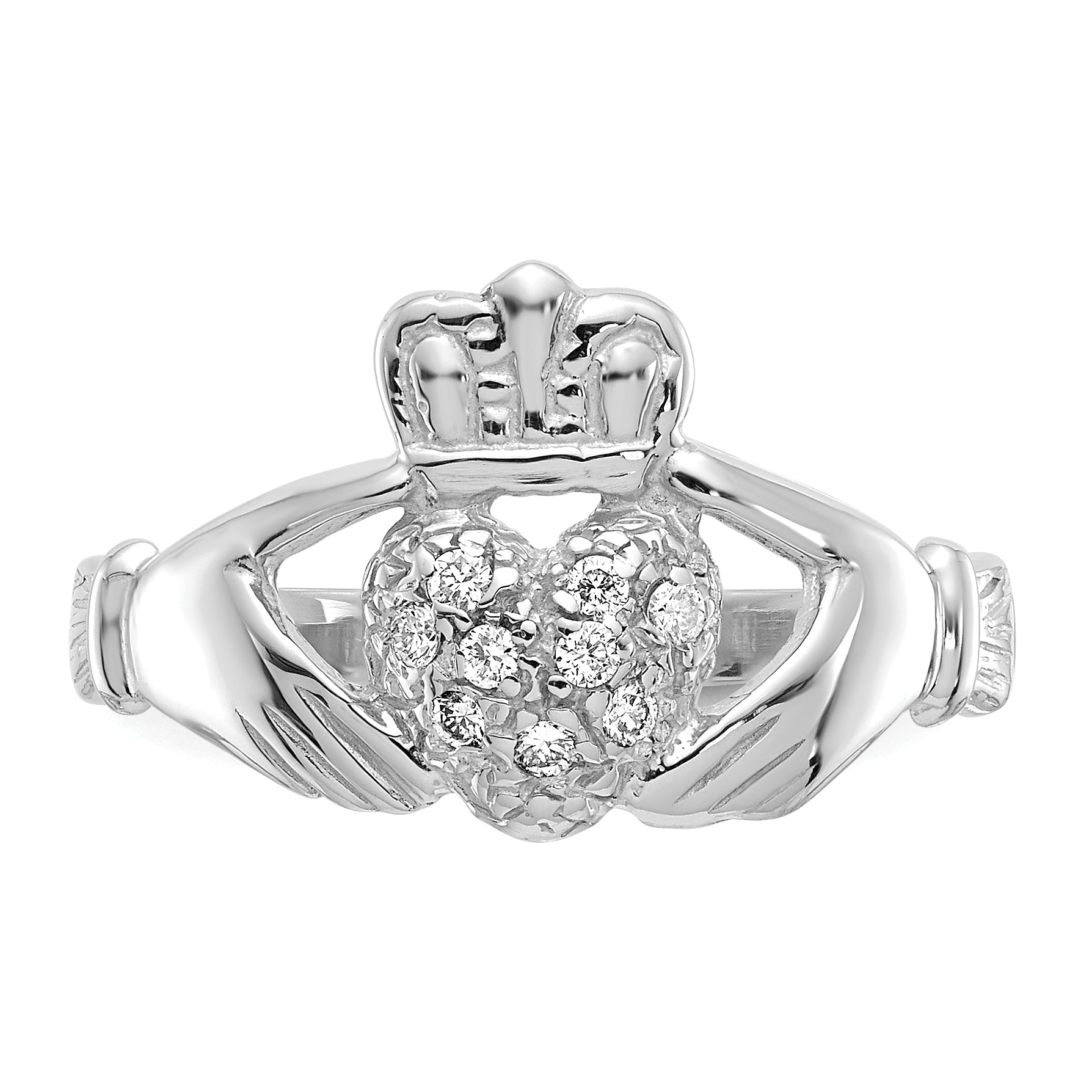 10K White Gold 1/10ct AA Diamond Claddagh Ring