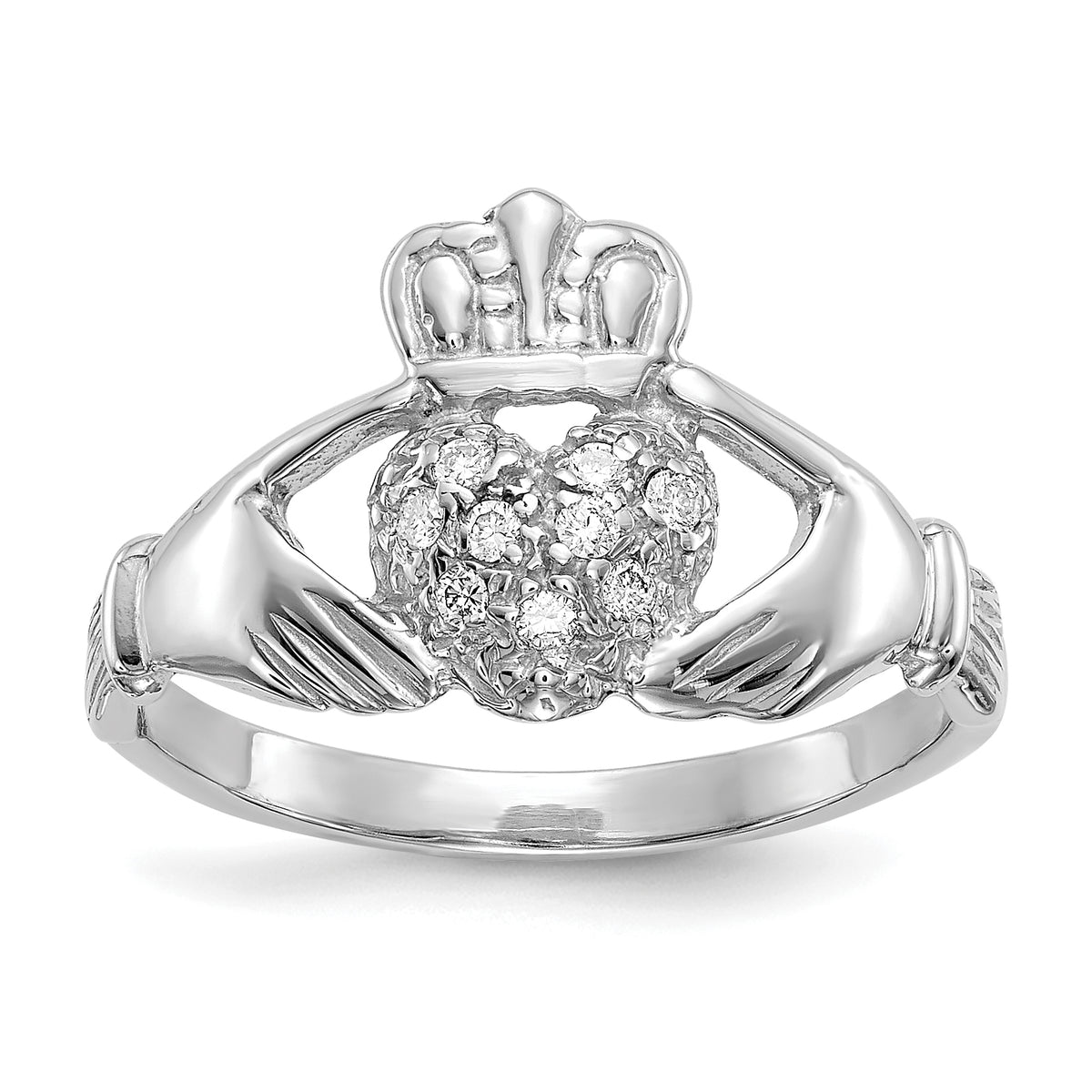 10K White Gold 1/10ct AA Diamond Claddagh Ring