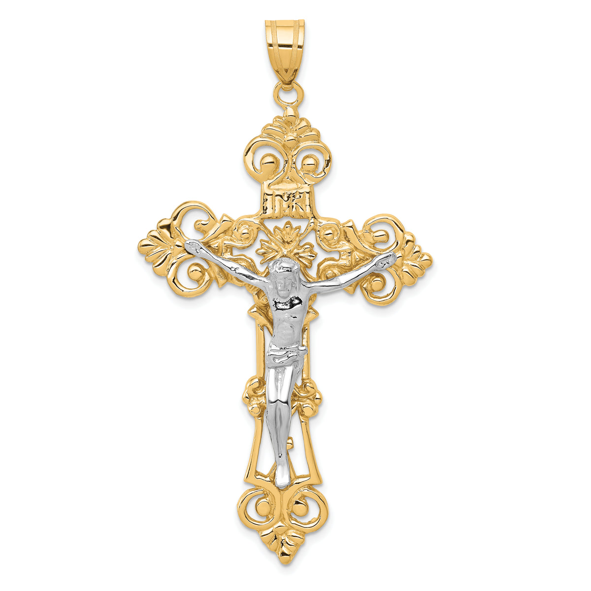 10k Two-tone INRI Fleur De Lis Crucifix Pendant