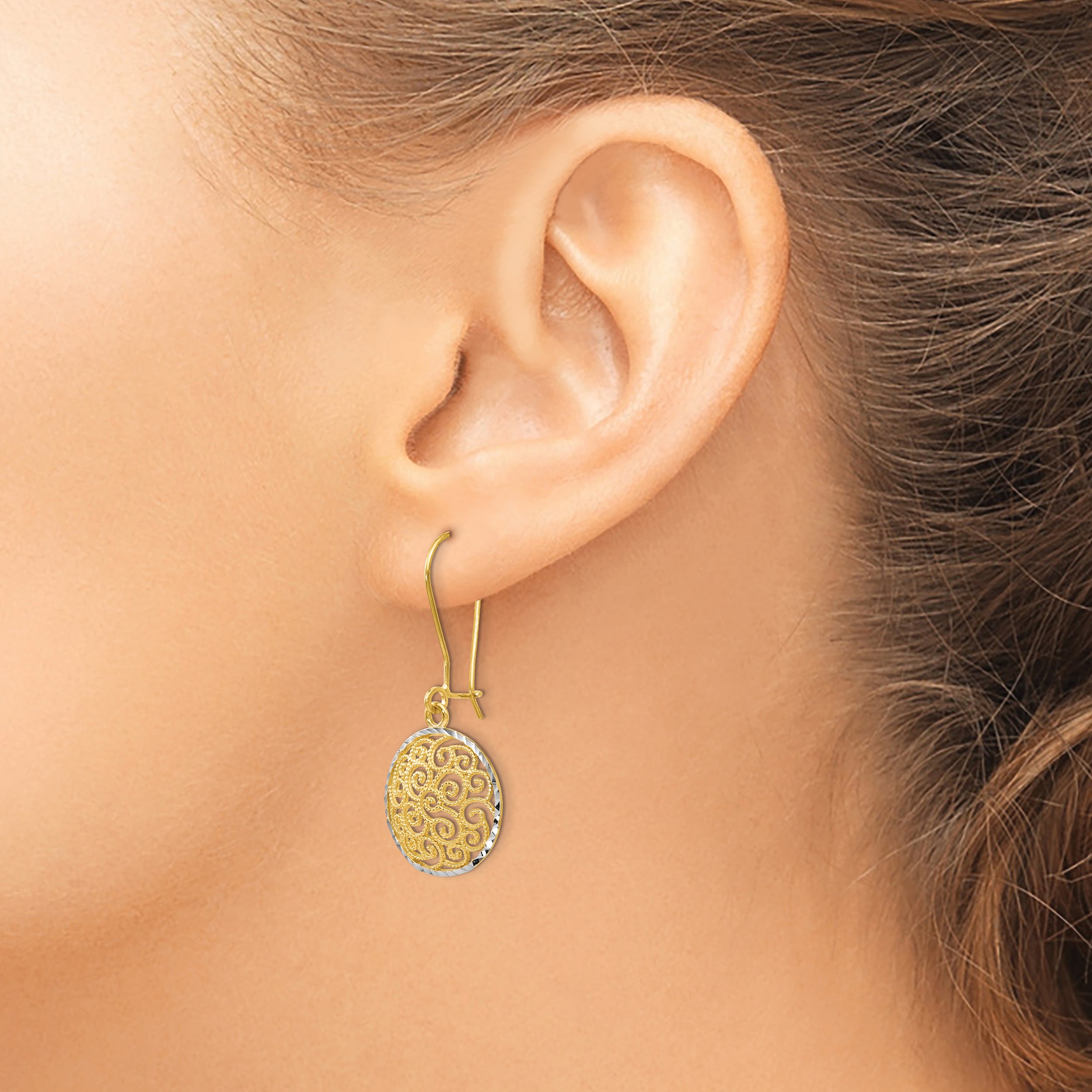 14K Two-Tone Filigree Dangle Earrings with Diamond-Cut Finish  Polished & Elegant