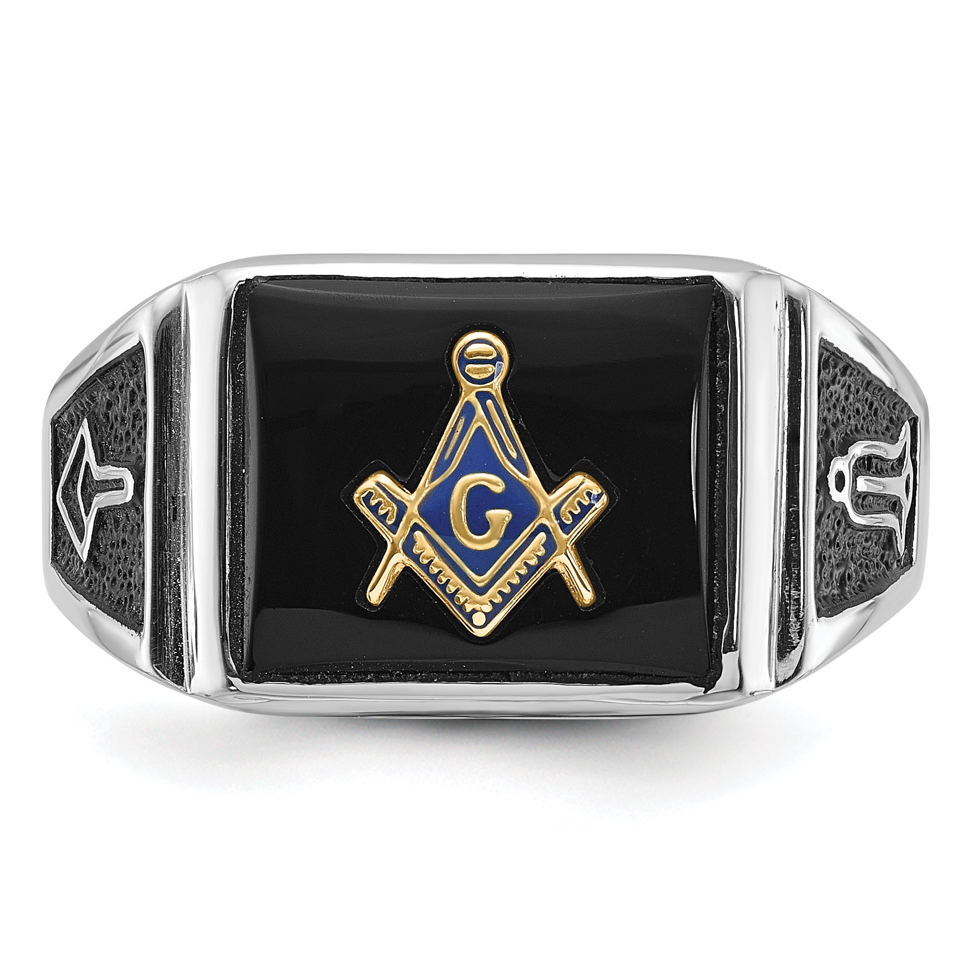 10k White Gold Men's Polished and Textured with Black Enamel and Onyx Masonic Ring