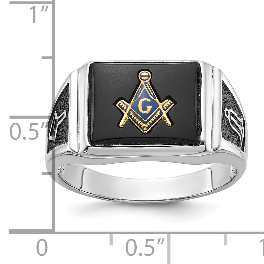 10k White Gold Men's Polished and Textured with Black Enamel and Onyx Masonic Ring