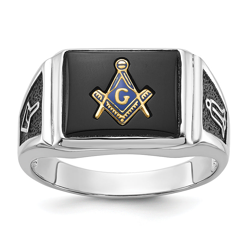 10k White Gold Men's Polished and Textured with Black Enamel and Onyx Masonic Ring