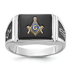 10k White Gold Men's Polished and Textured with Black Enamel and Onyx Masonic Ring