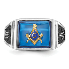 10k White Gold Men's Polished and Textured with Black Enamel and Imitation Blue Spinel Masonic Ring