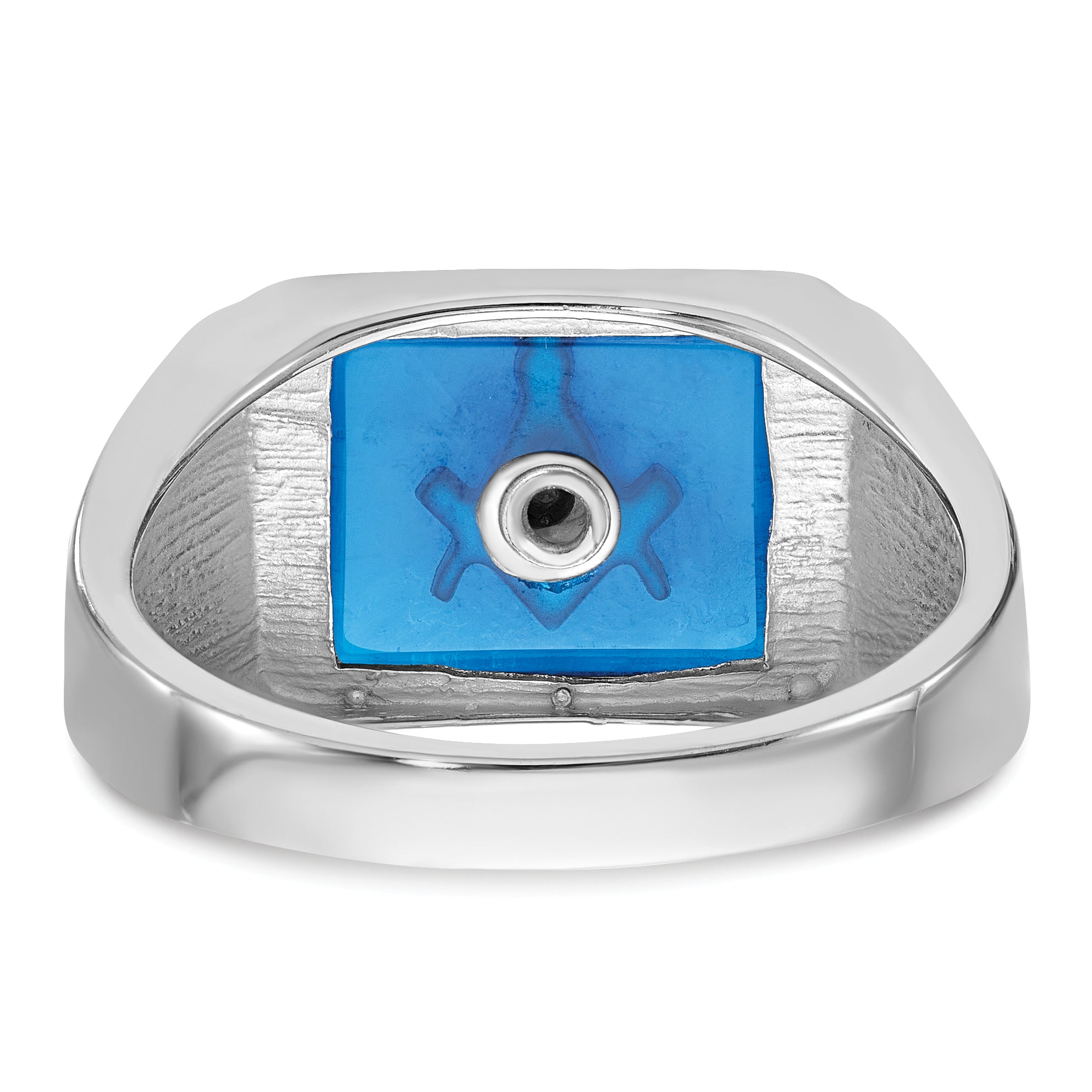 10k White Gold Men's Polished and Textured with Black Enamel and Imitation Blue Spinel Masonic Ring