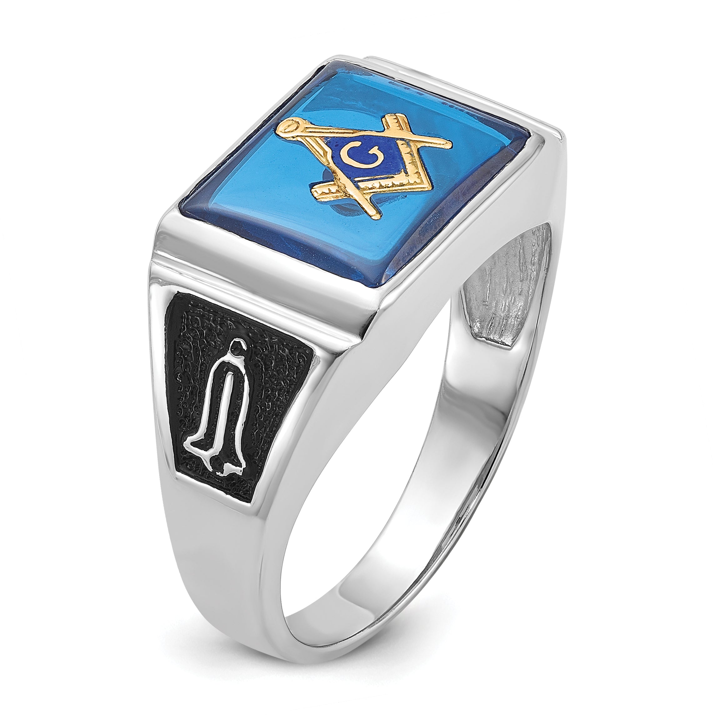 10k White Gold Men's Polished and Textured with Black Enamel and Imitation Blue Spinel Masonic Ring