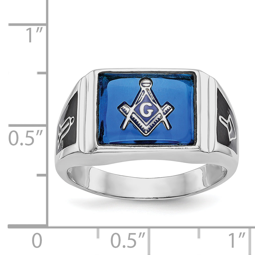 10k White Gold Men's Polished and Textured with Black Enamel and Imitation Blue Spinel Masonic Ring