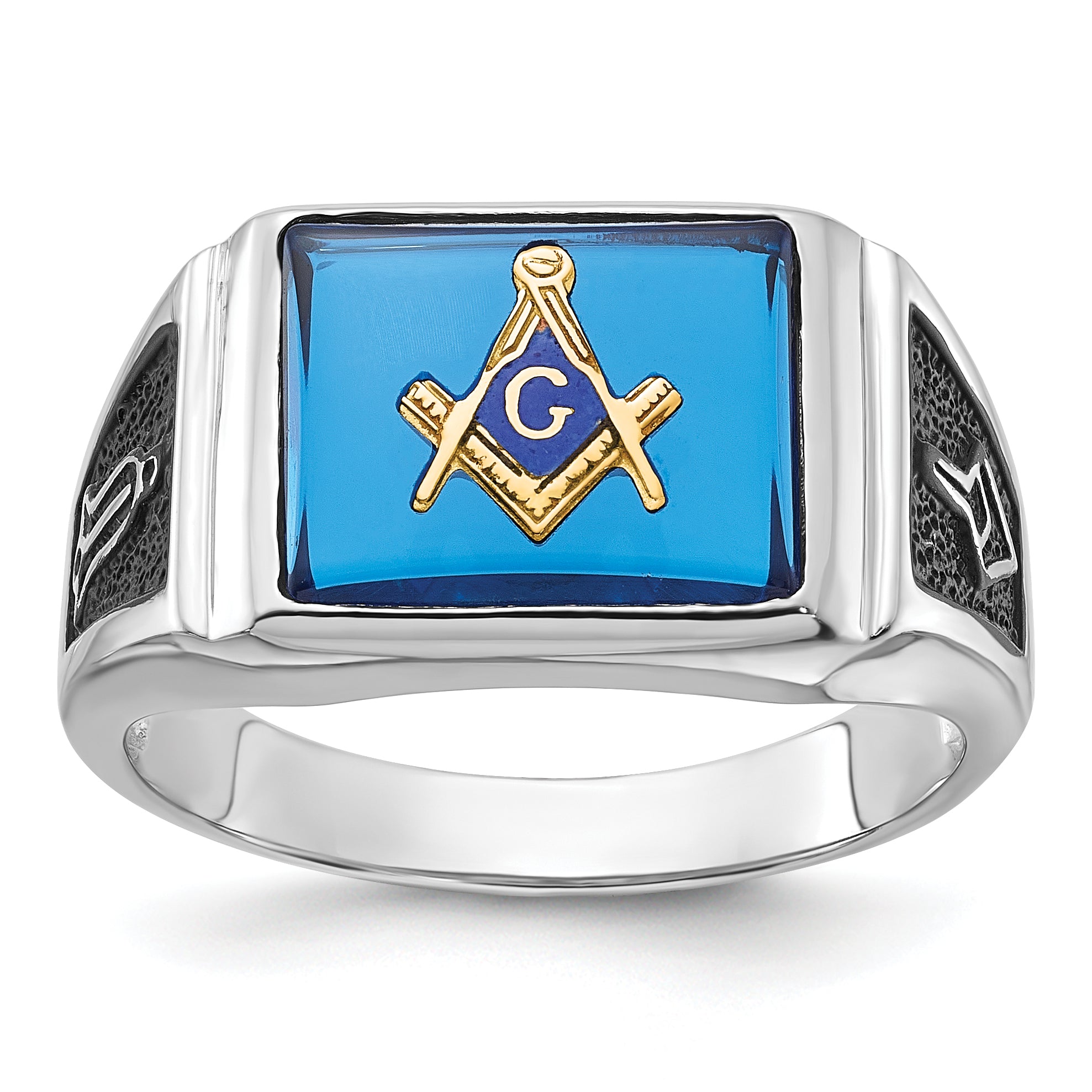 10k White Gold Men's Polished and Textured with Black Enamel and Imitation Blue Spinel Masonic Ring