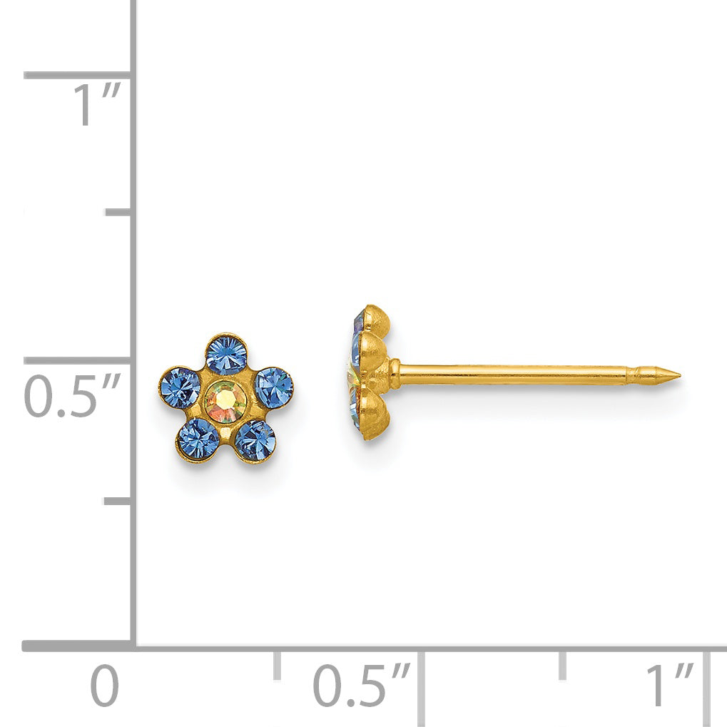 14K Gold Blue Crystal Flower Earrings with Aurora Borealis Finish