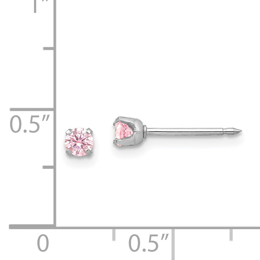 14k White Gold Pink CZ Stud Earrings Elegant 3mm Birthstone Design