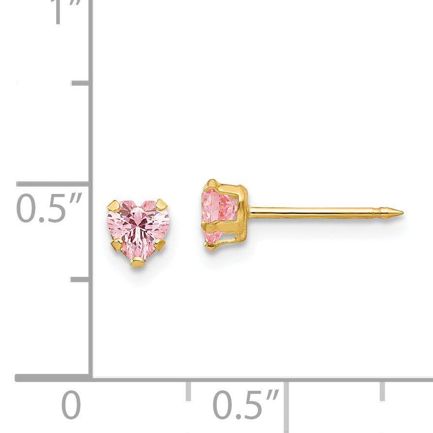 14K Gold Pink Heart CZ Stud Earrings with Elegant Birthstone Design