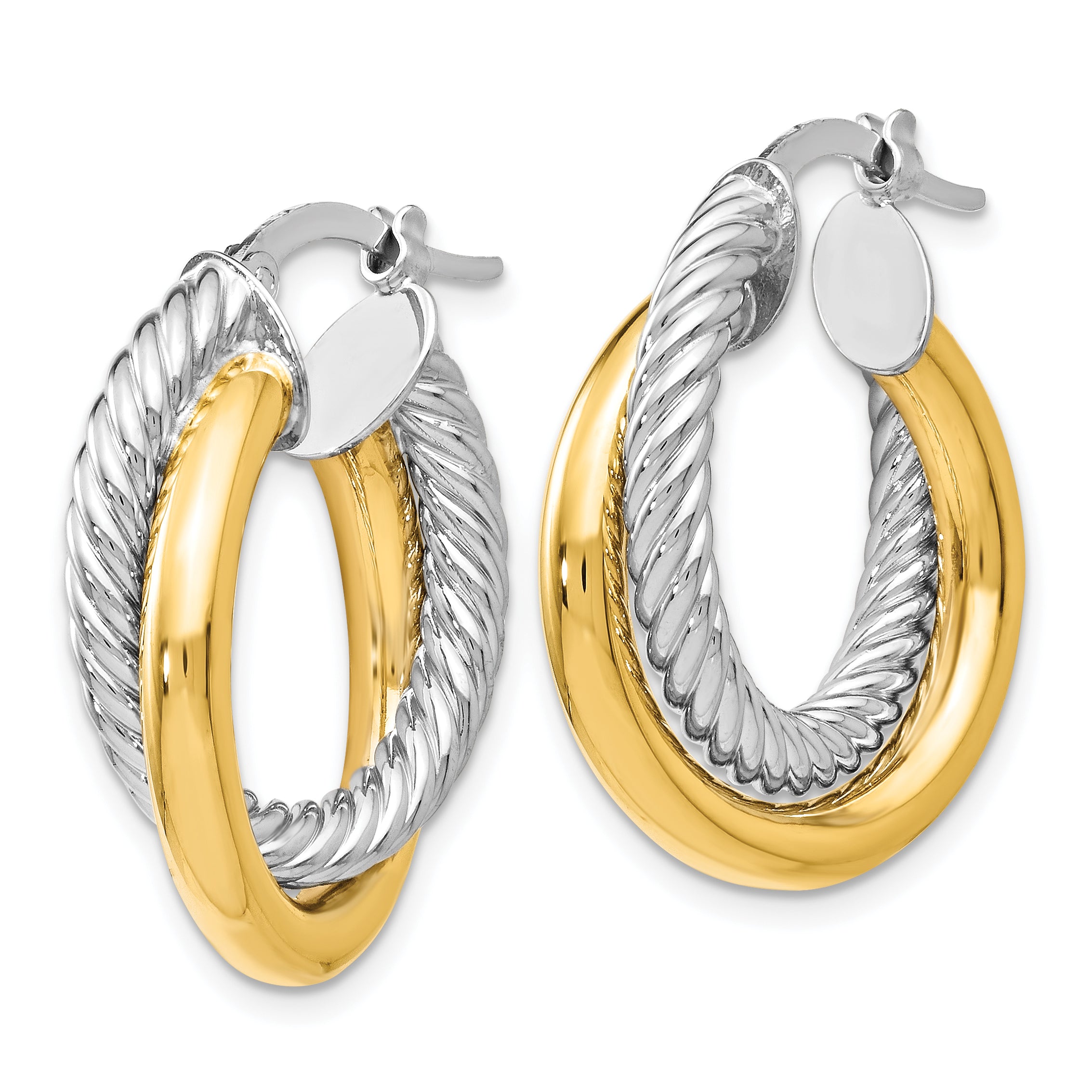 14K Two-tone Polished and Textured Hoop Earrings