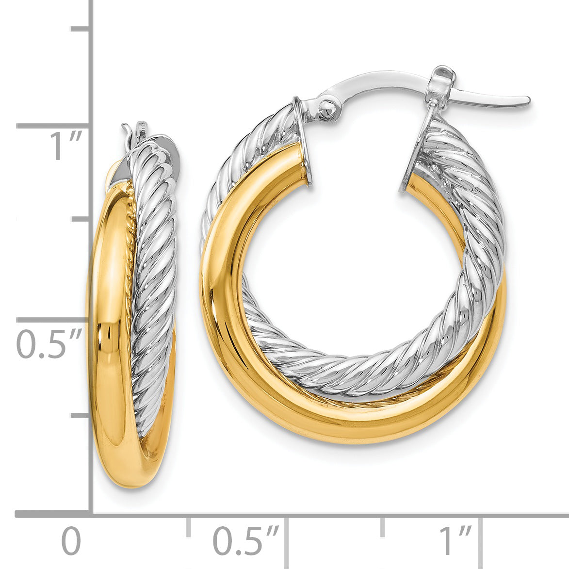 14K Two-tone Polished and Textured Hoop Earrings