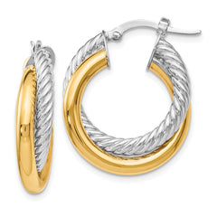 14K Two-tone Polished and Textured Hoop Earrings