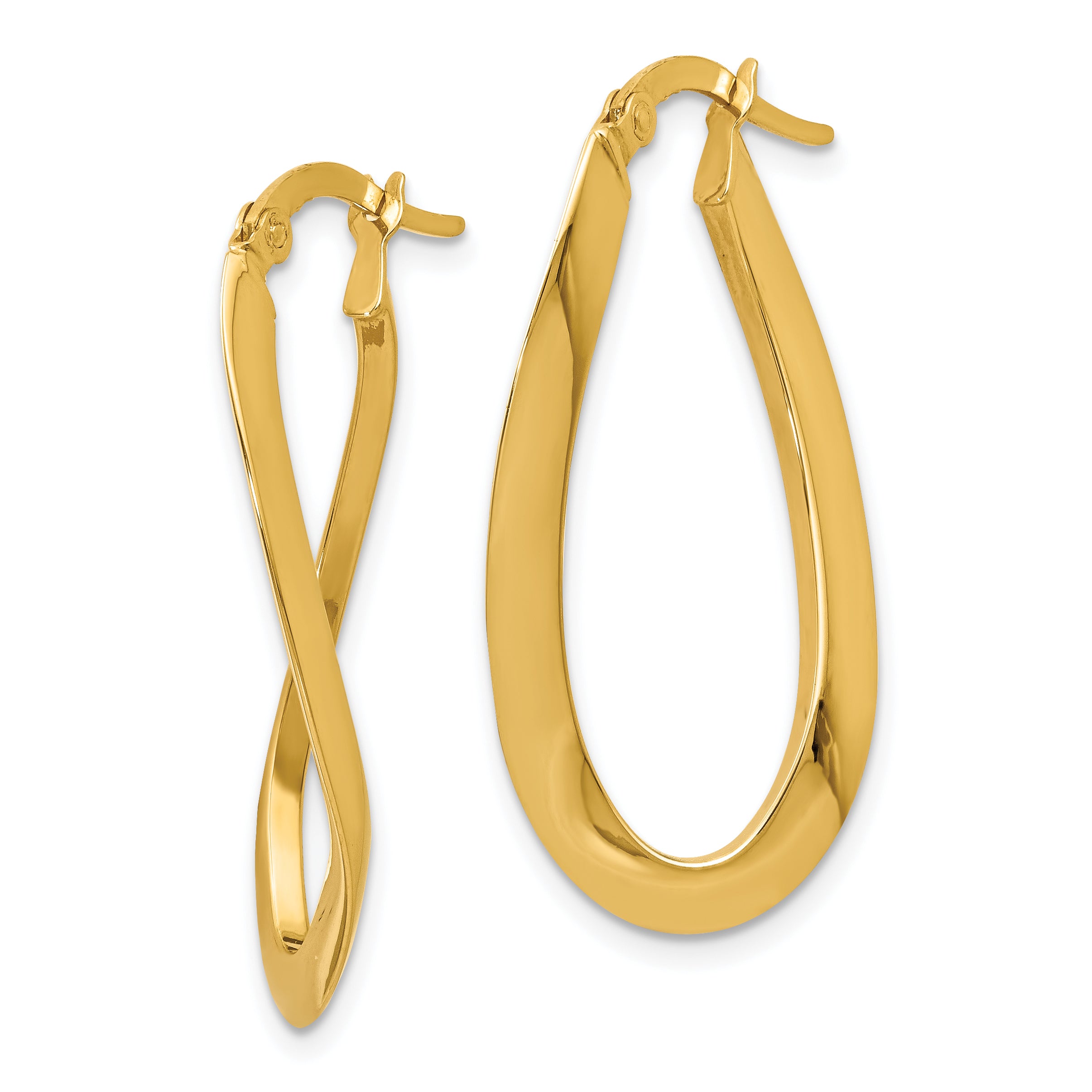 14K Gold Polished Hollow Oval Hoop Earrings with Twisted Design