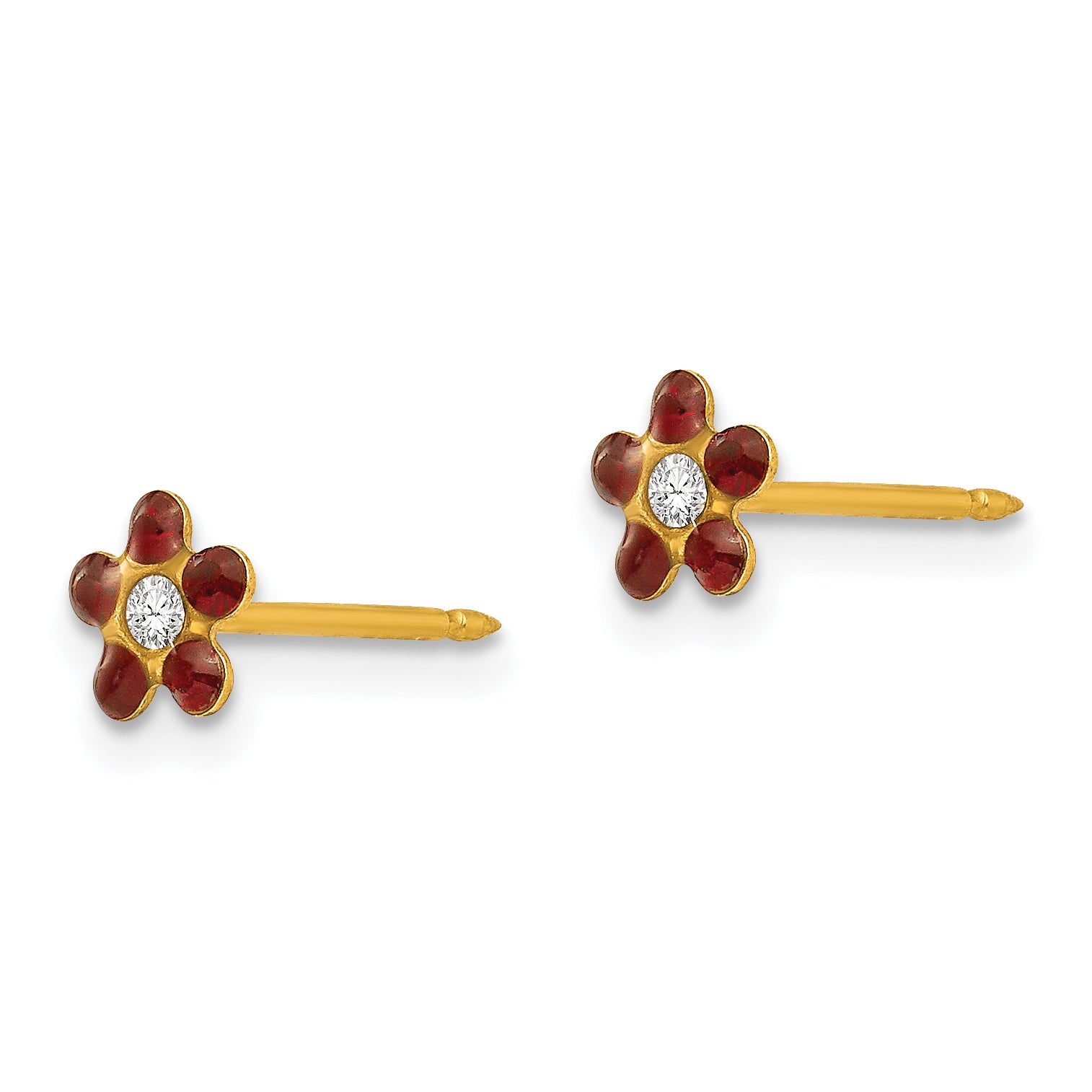 14K Gold January Birthstone Flower Earrings with Red Crystal