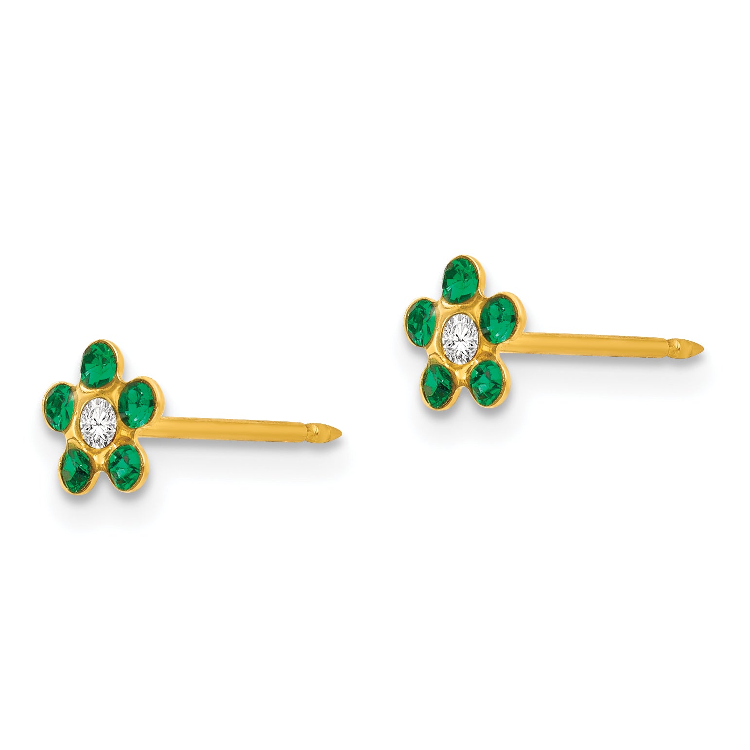 14K Gold May Birthstone Green Crystal Flower Earrings  Elegant Button Style