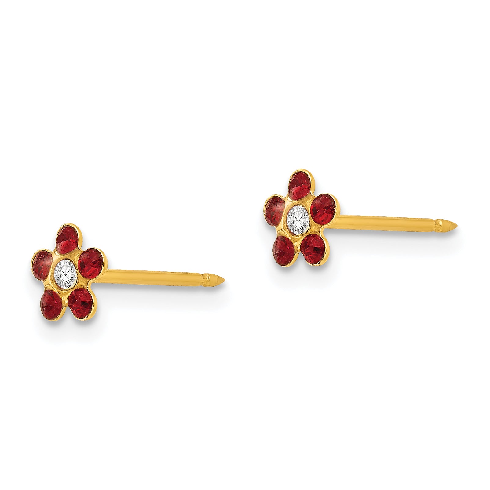 14K Gold July Birthstone Crystal Flower Earrings  Elegant Button Style