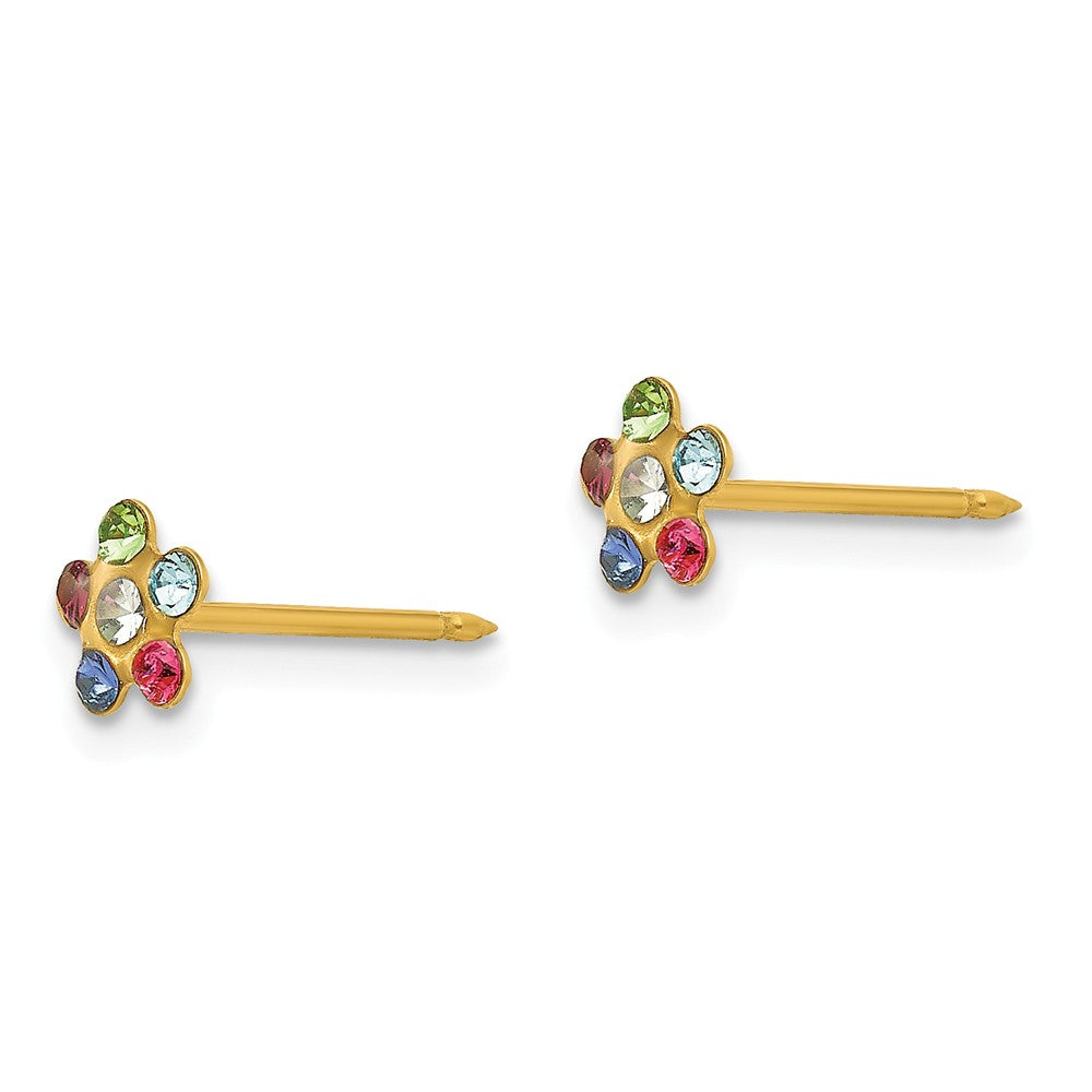 14K Gold Button Earrings with Multicolor Crystal Flower Design