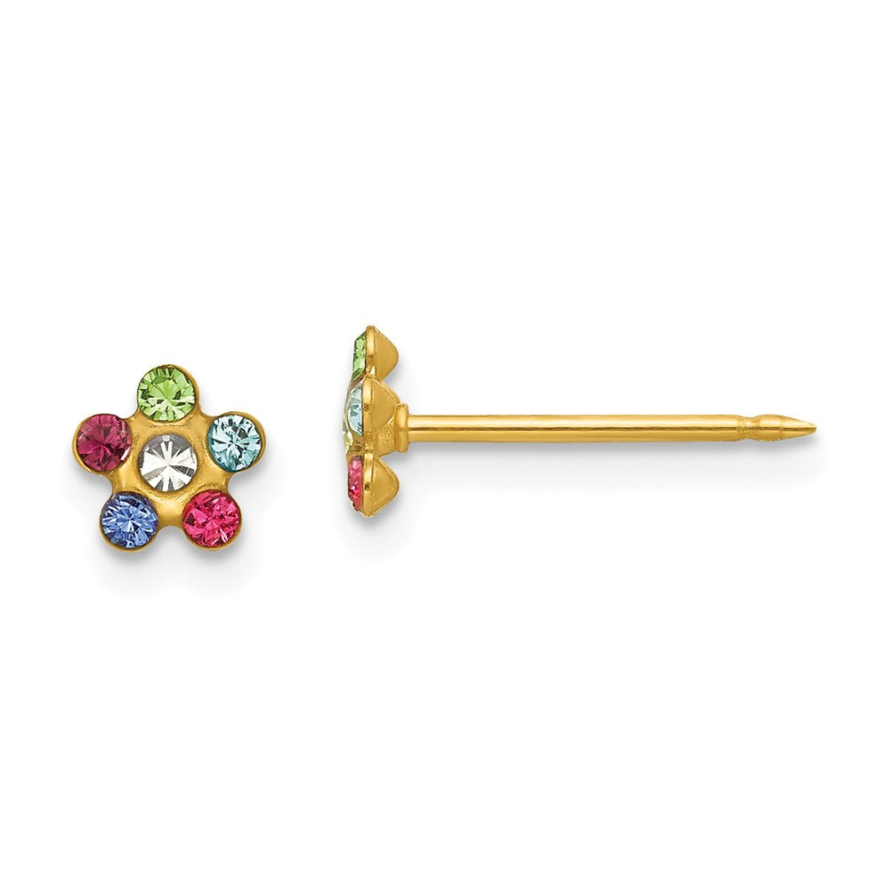 14K Gold Button Earrings with Multicolor Crystal Flower Design