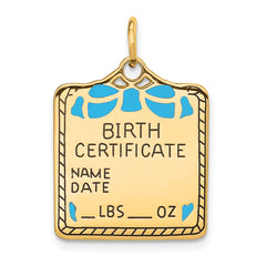 14k Enameled Blue Engravable Birth Certificate Charm